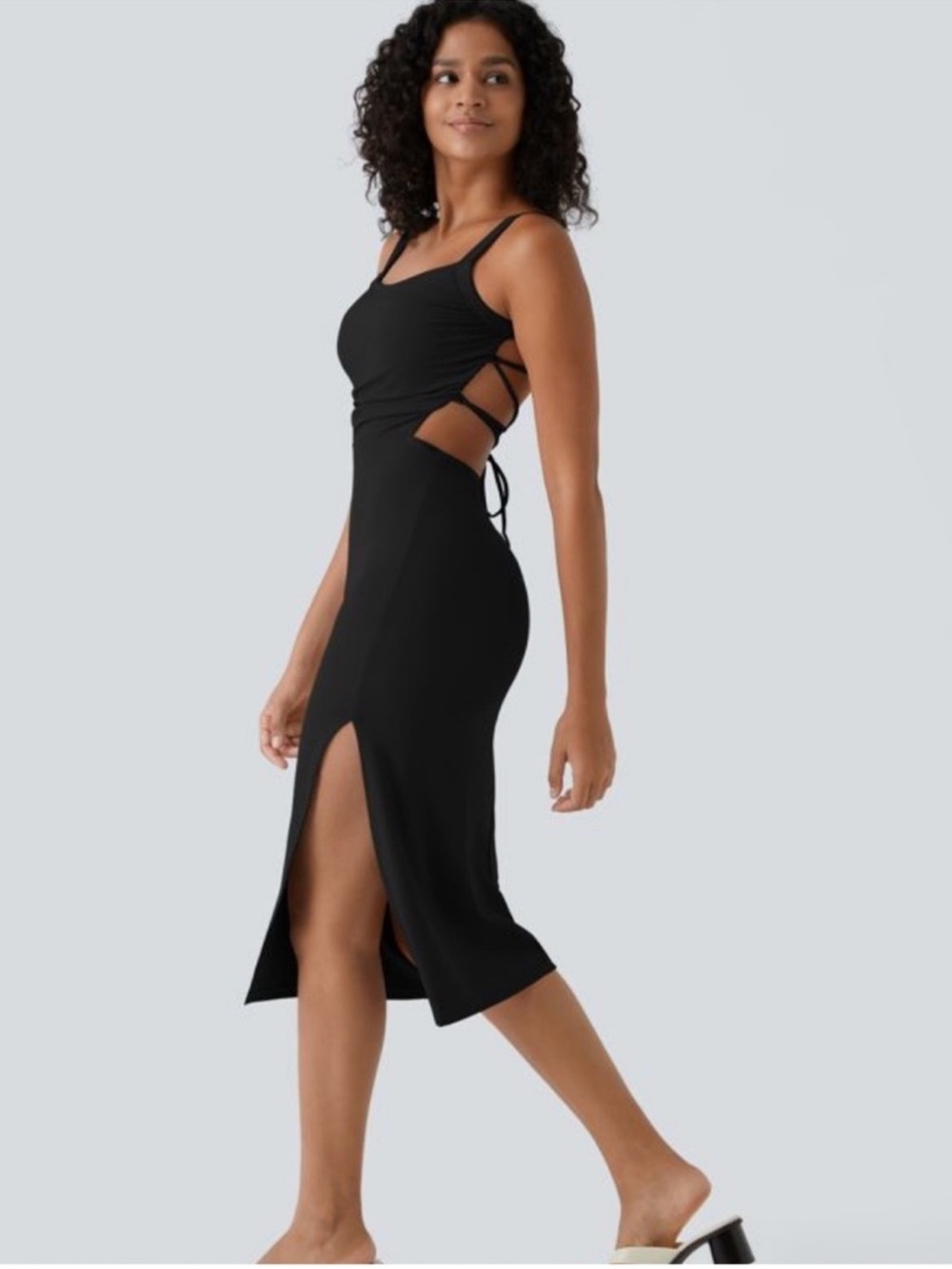 Halara Black Ruched Lace Up Bodycon Midi Dress - Picture 5 of 8